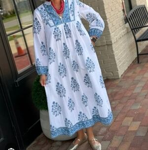 Victoria Dunn East Bay Maxi Dress M Topaz Blue White Cotton Blockprint 💕